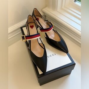 Gucci Sylvie Web Strap Bamboo Heel Pumps, Black, size us7/eu37